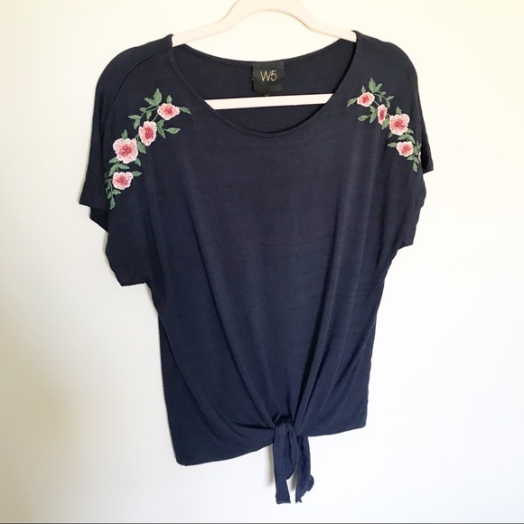 W5 Tops - W5 - Navy Blue Embroidered Floral Tie Front Tee